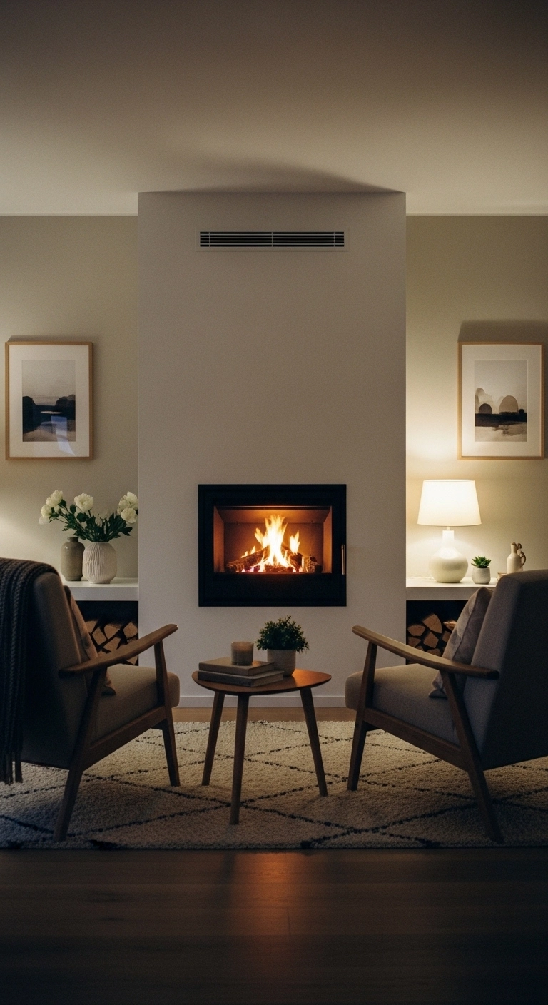 Cozy living room design featuring modern fireplace and comfortable seating area.modern fireplace and comfortable seating area.