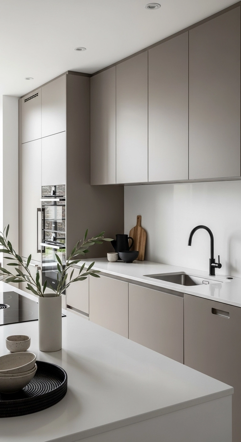 modern kitchen design with flat-front matte cabinets and quartz counters