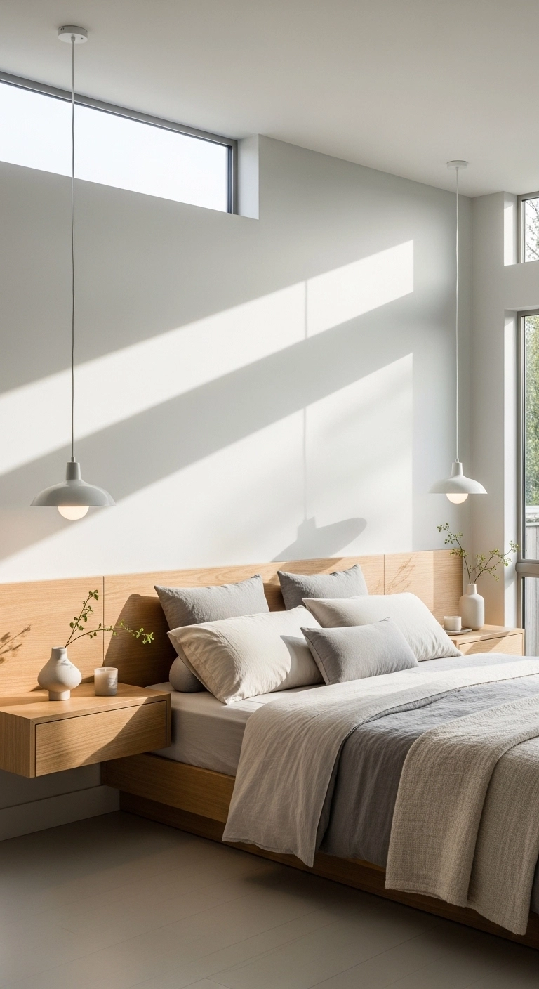 Bedroom interior featuring floating nightstands with light wood bed and neutral décor.