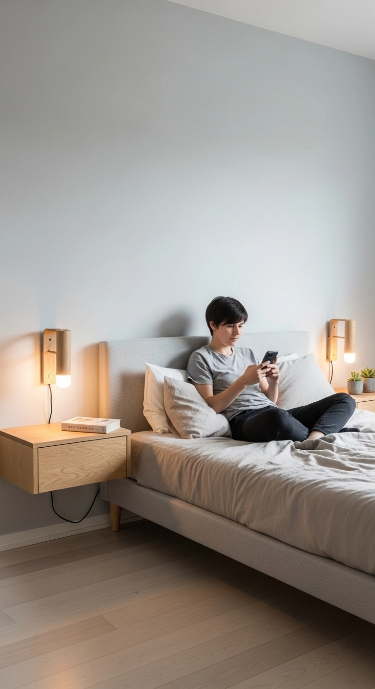 Bedroom with floating nightstands and neutral bedding representing space-saving minimalist bedroom ideas.