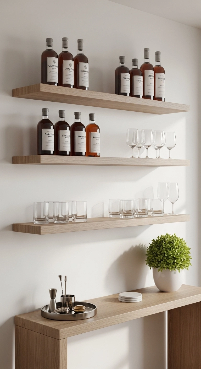 Minimal floating shelf drink station presenting minimalist mini bar ideas.