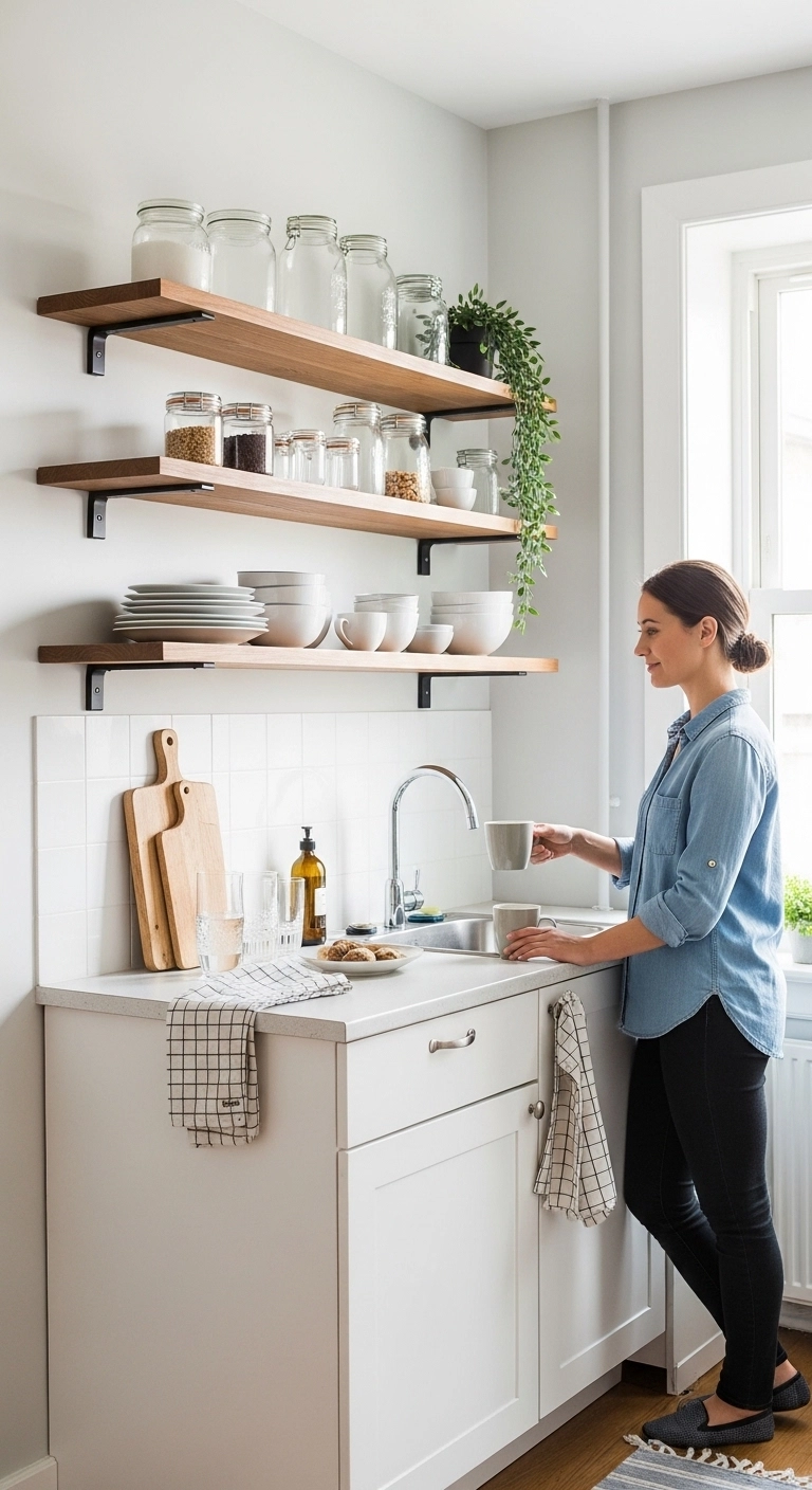 Tiny kitchen ideas with floating shelves storing dishes and mugs in a modern small kitchen.