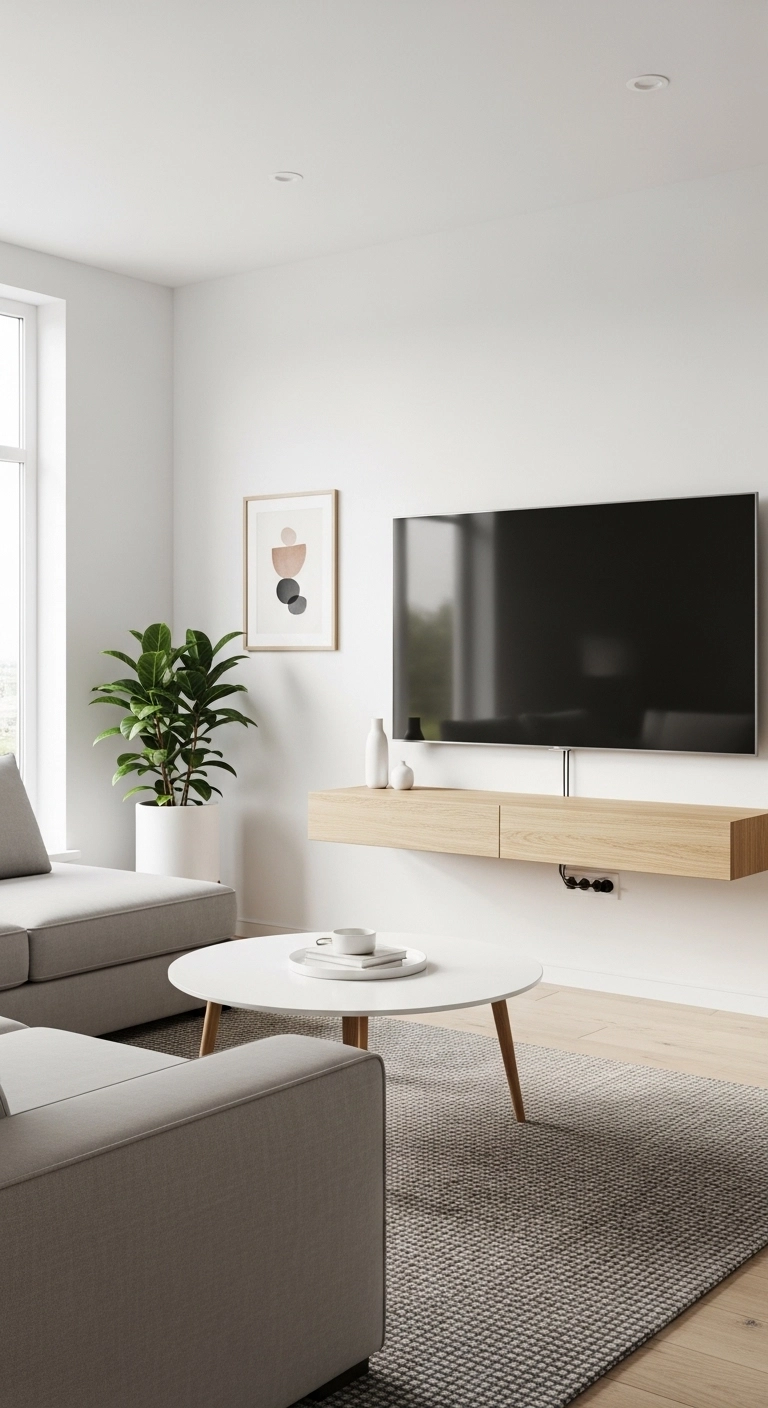TV Table Ideas with a floating TV table in a minimalist modern living room