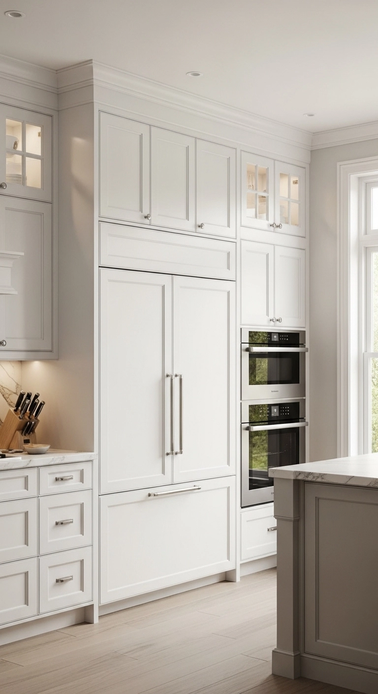 Modern kitchen displaying floor-to-ceiling kitchen cabinets ideas with tall white cabinets and built-in appliances.