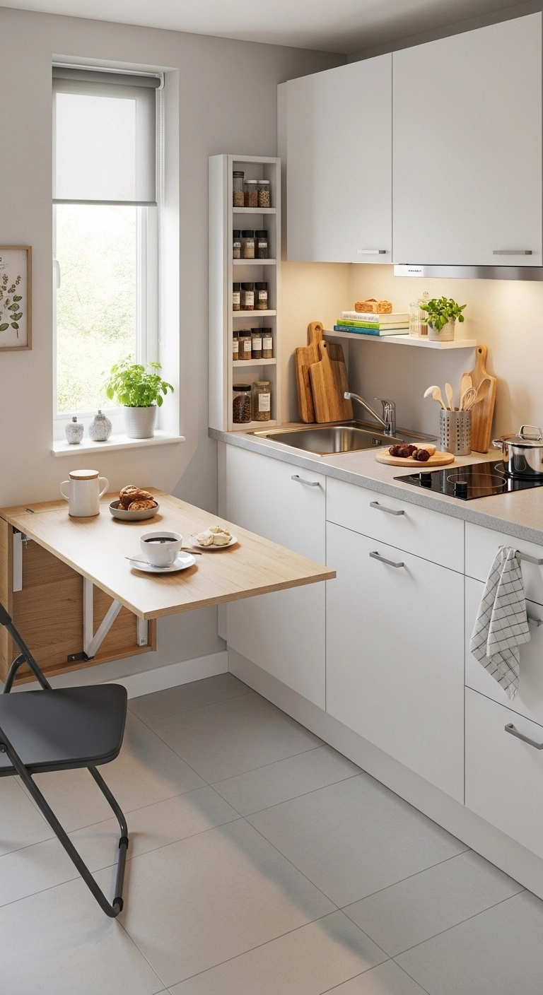 Small kitchen ideas with fold down table for saving space.