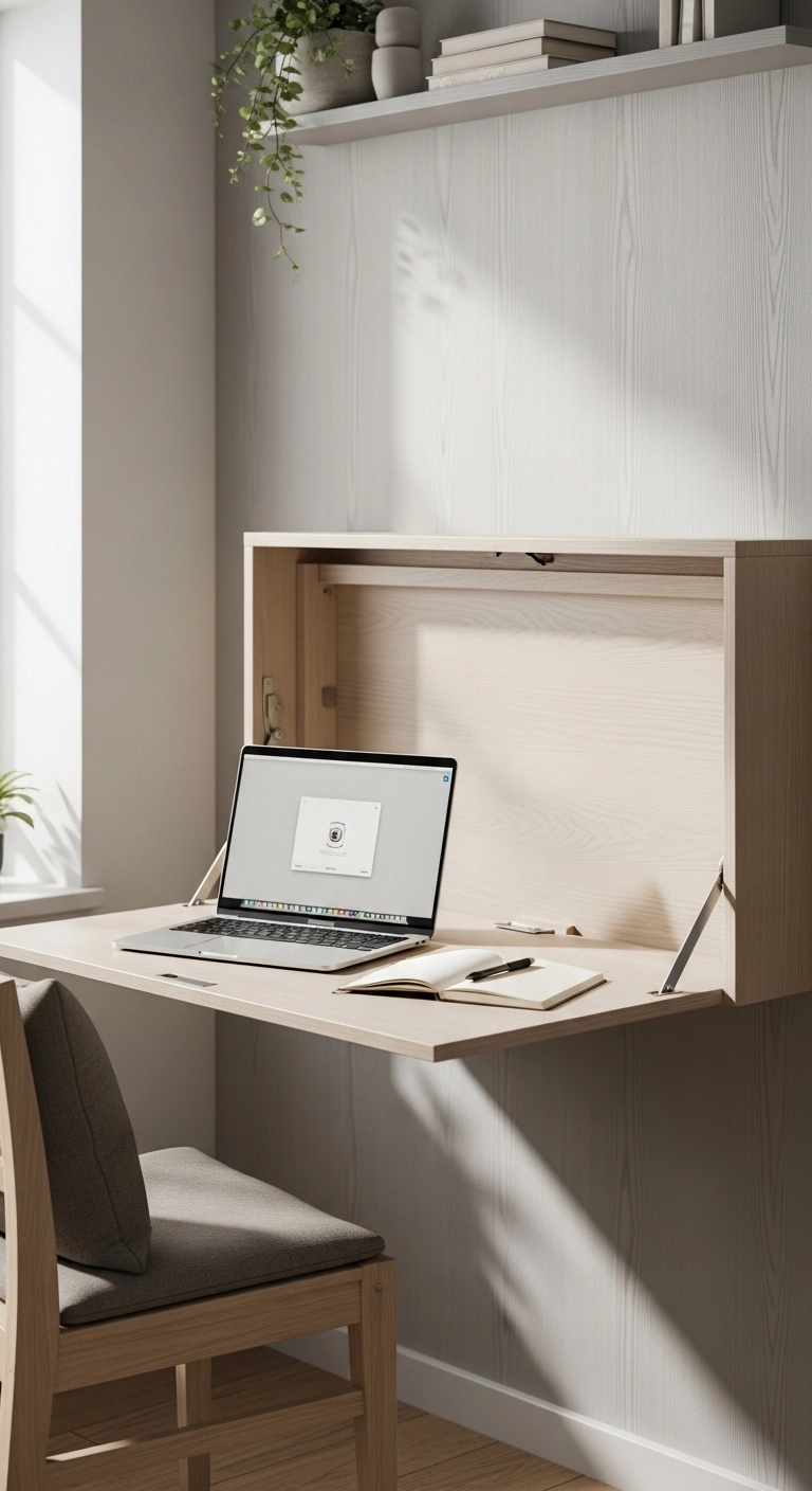 Small apartment home office with a fold-down wall desk, laptop, and minimalist decor