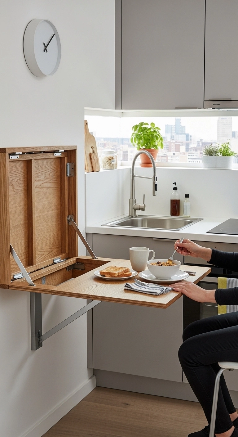 Tiny kitchen ideas with foldable wall table used for dining in a small kitchen.