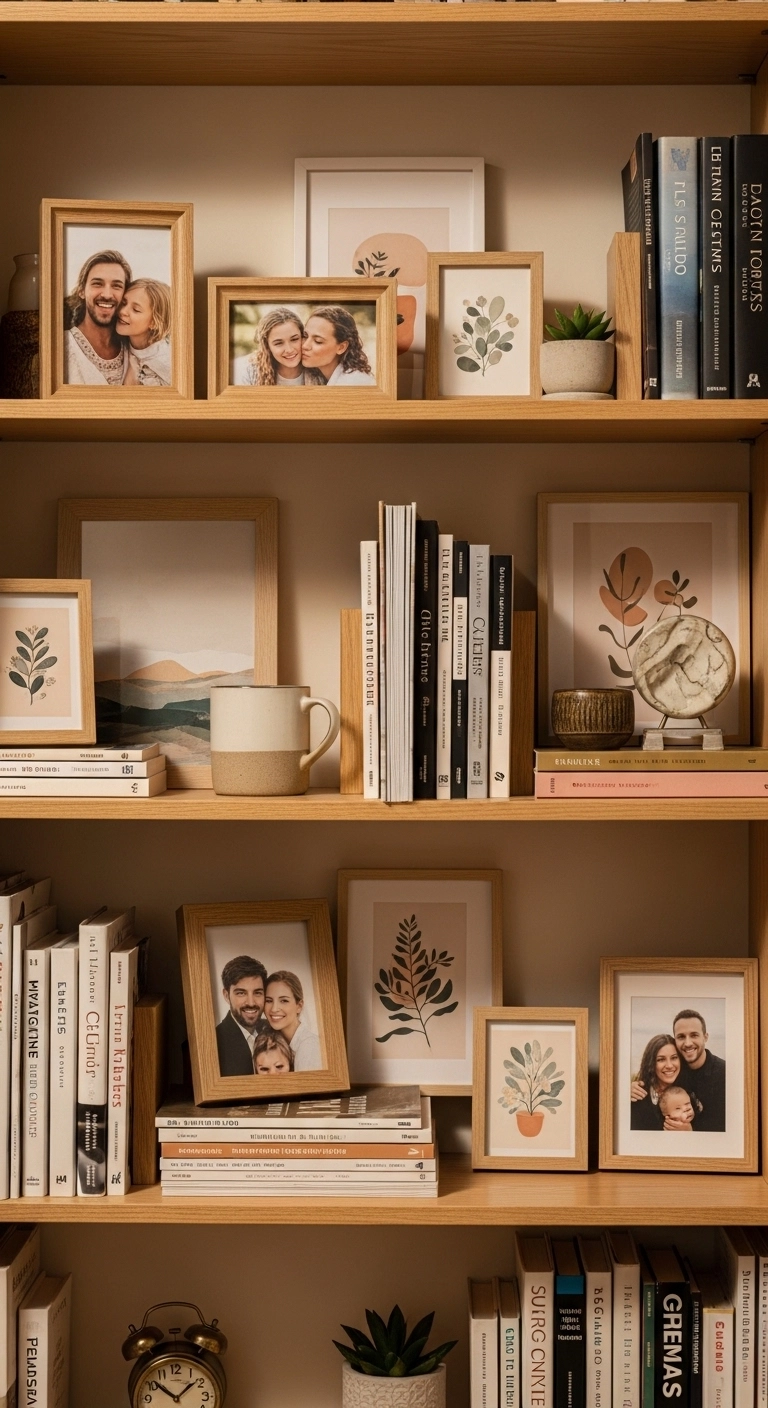 Bookshelf decor ideas with framed photos and art