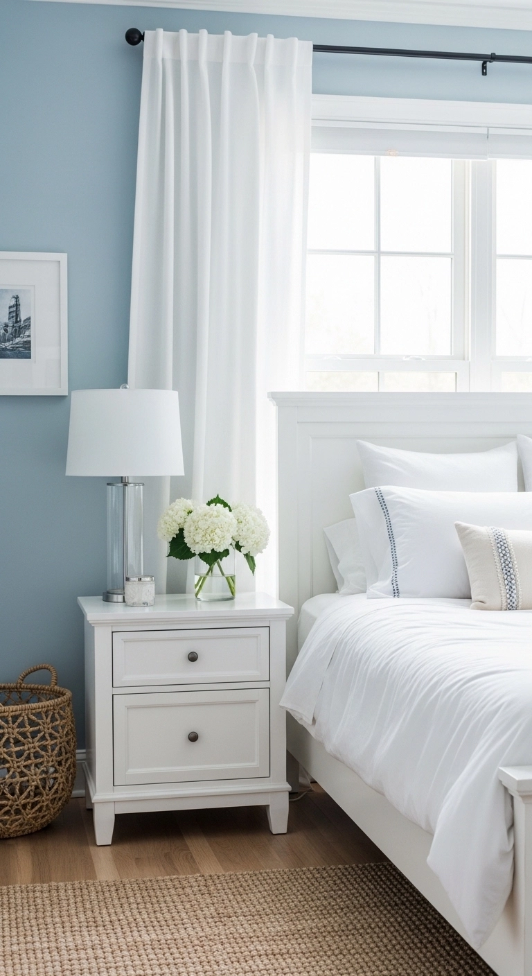 Blue bedroom ideas in a fresh blue and white bedroom setup