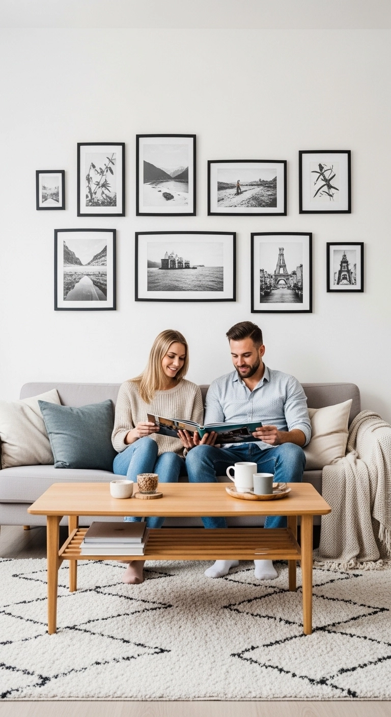 Interior design living room with gallery wall of framed art and family photos above sofa.