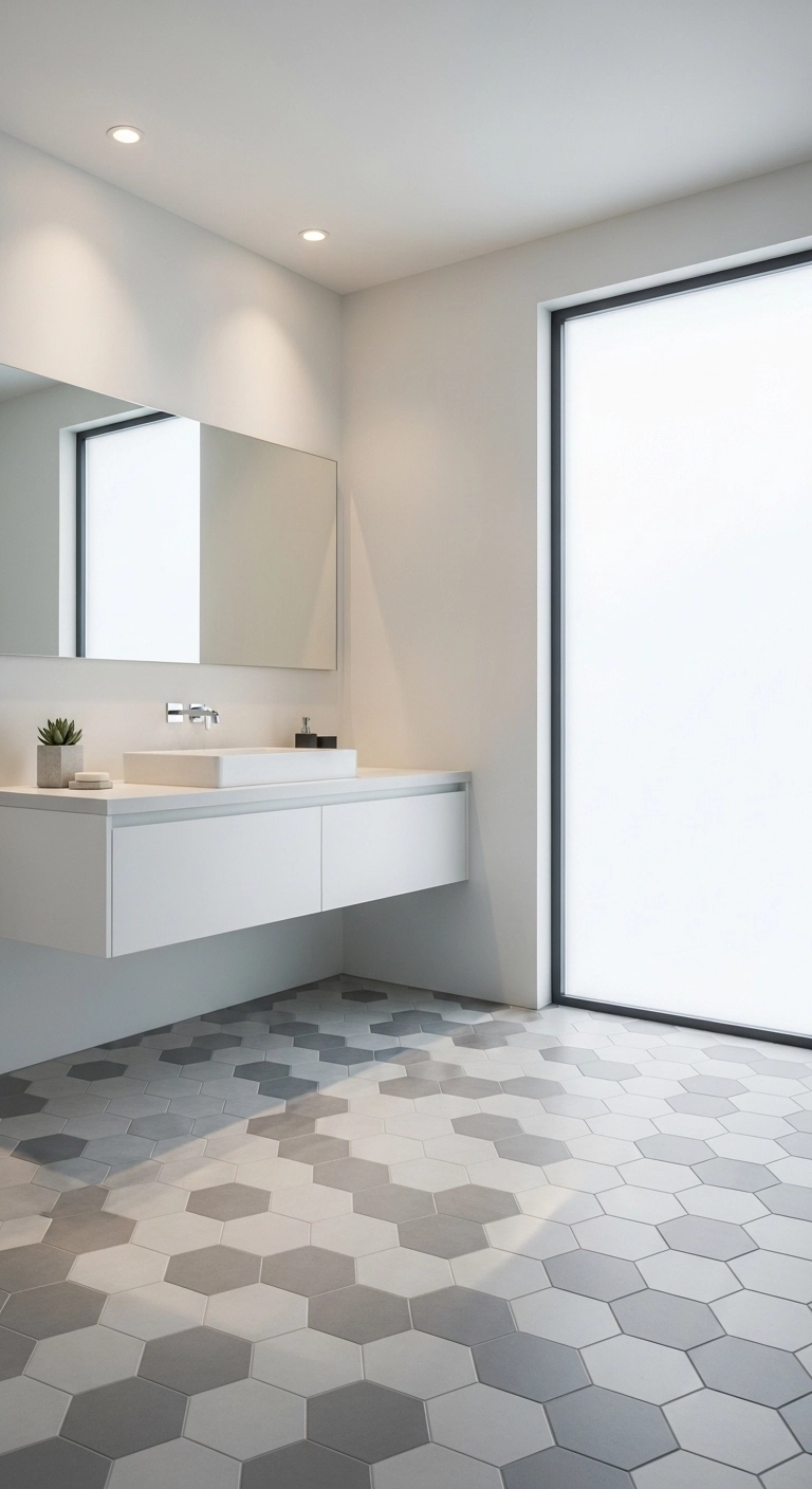 Geometric bathroom tile design with hexagon floor tiles