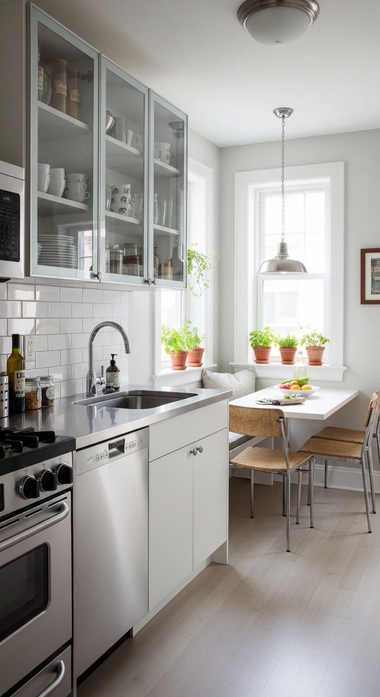 Small kitchen ideas with glass cabinet doors creating open feel.