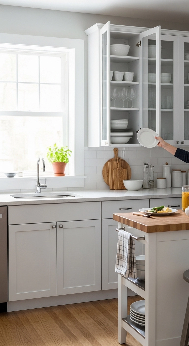 Tiny kitchen ideas using glass cabinet doors to create a lighter kitchen design.