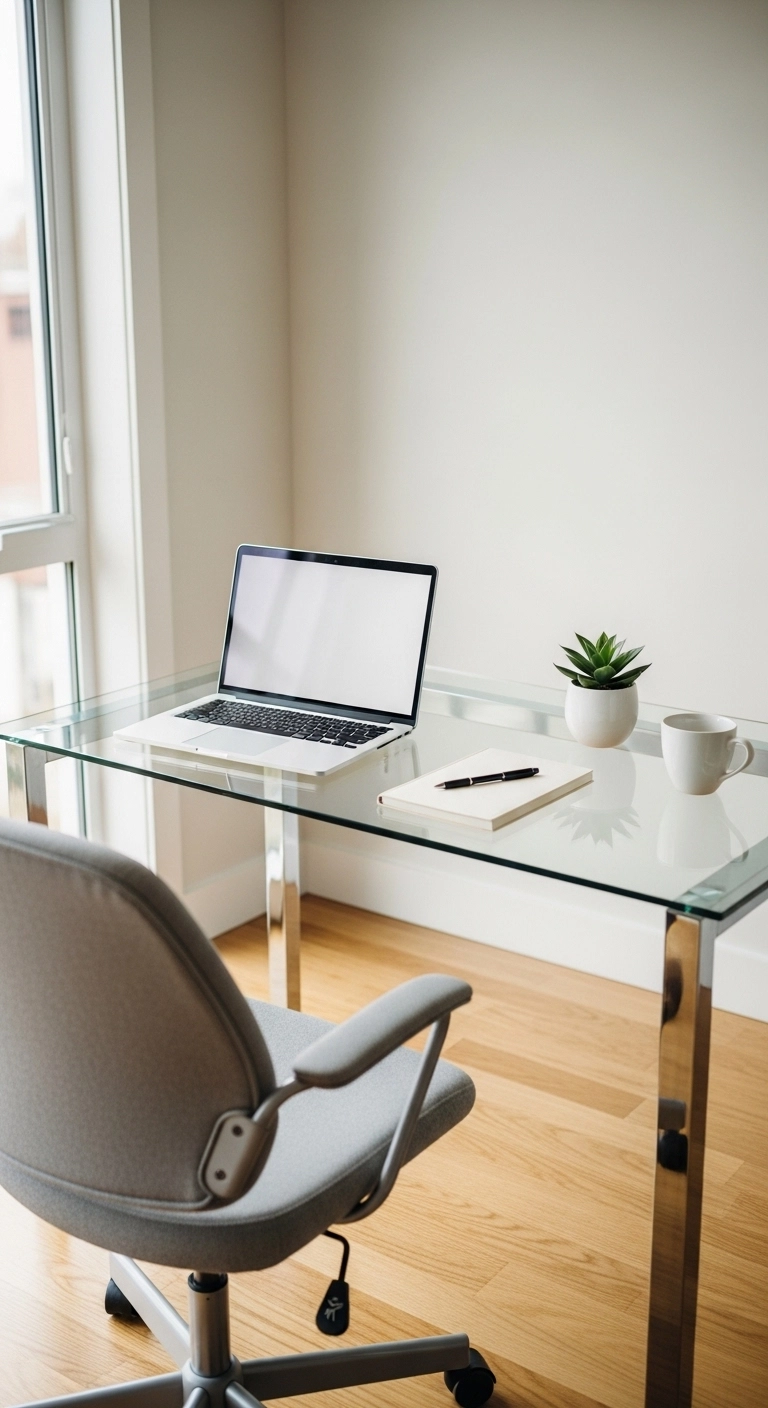 Small home office with glass desk, laptop, chair, and bright natural light