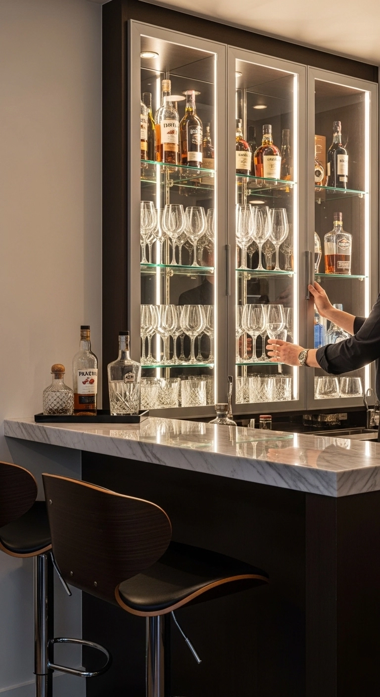 Glass display cabinet mini bar presenting elegant mini bar ideas.