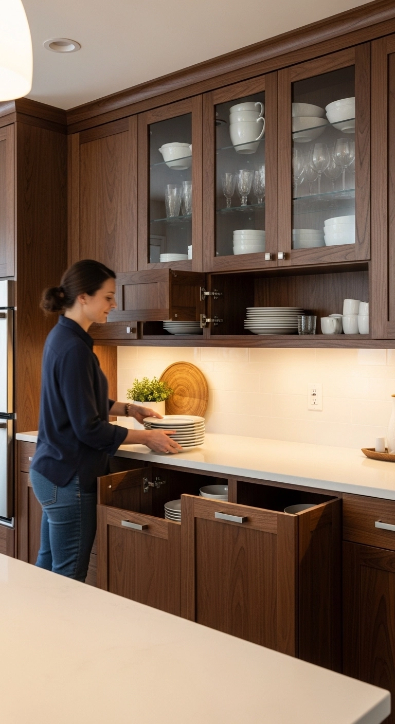 Glass cabinet doors combined with dark wood cabinets presenting stylish dark wood kitchen cabinets ideas.