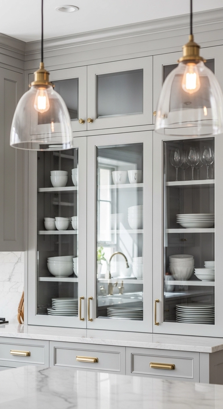 Elegant kitchen featuring glass-front kitchen cabinets ideas displaying organized dishes behind clear cabinet doors.