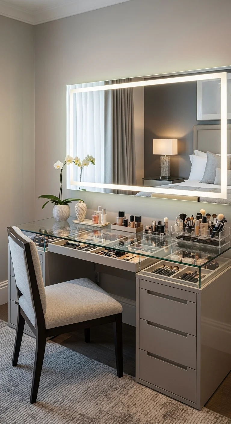 Luxury bedroom vanity ideas with glass-top vanity and organized makeup storage
