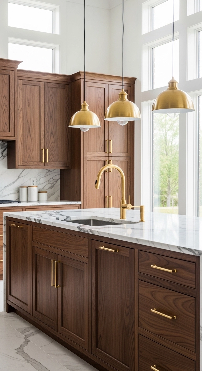 Dark wood cabinets with gold accents demonstrating elegant dark wood kitchen cabinets ideas.
