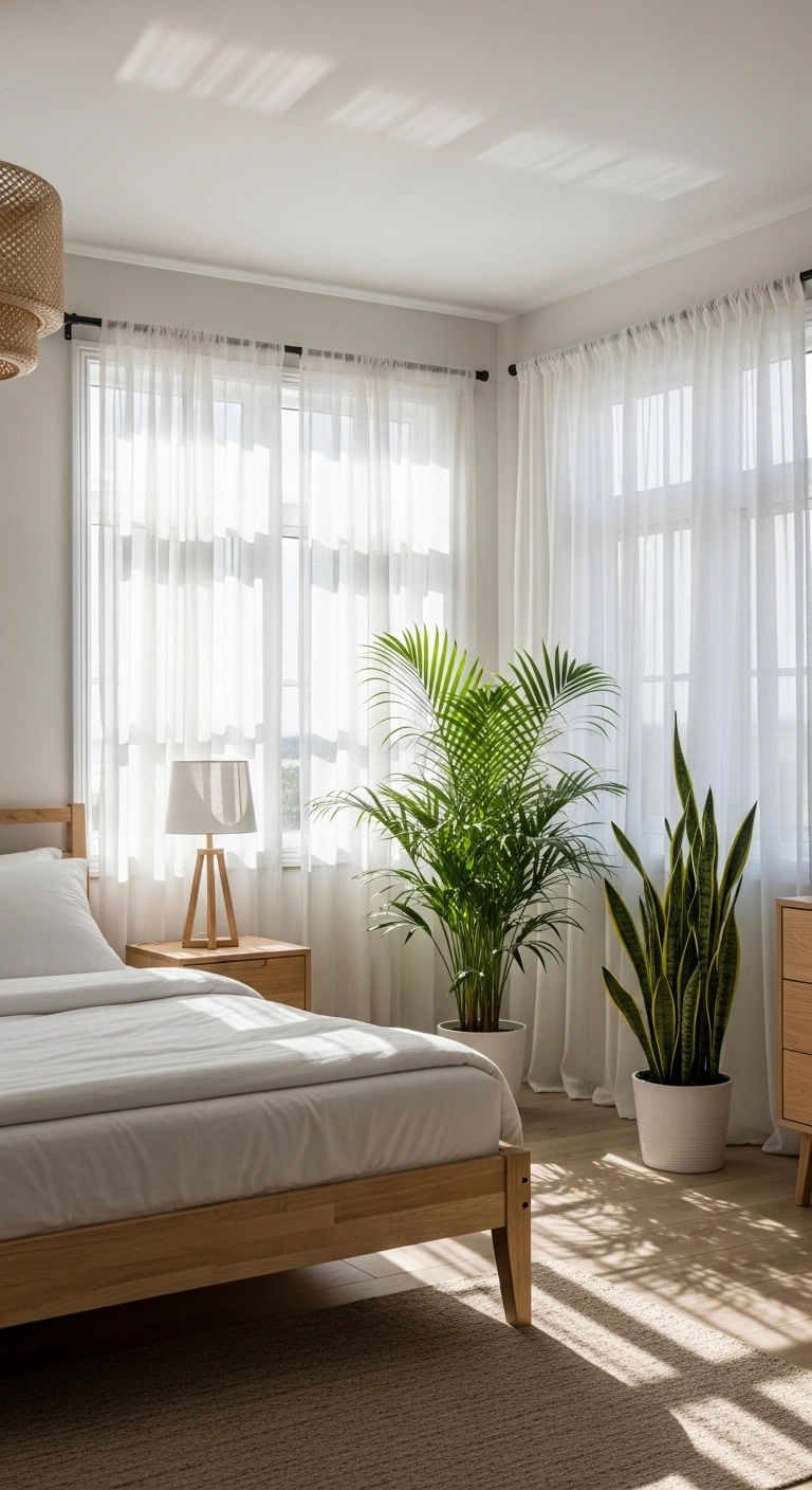 Beach bedroom ideas with indoor plants like palm and snake plant in a bright coastal room
