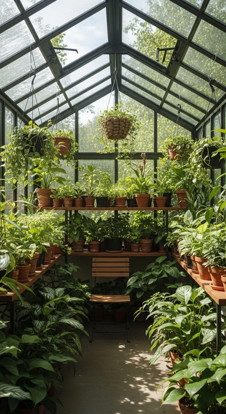 Greenhouse sun room ideas with glass ceiling and indoor plants