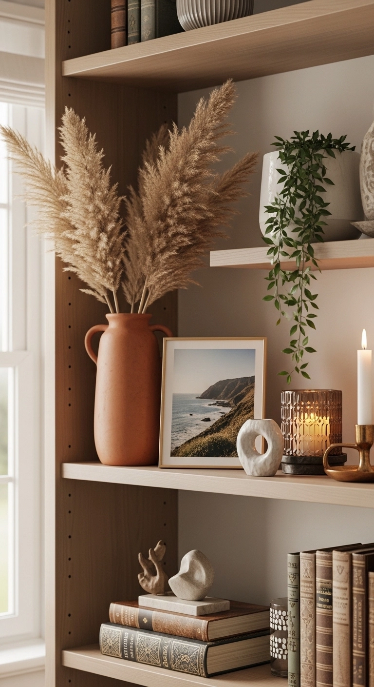 Bookshelf decor ideas with grouped shelf accessories