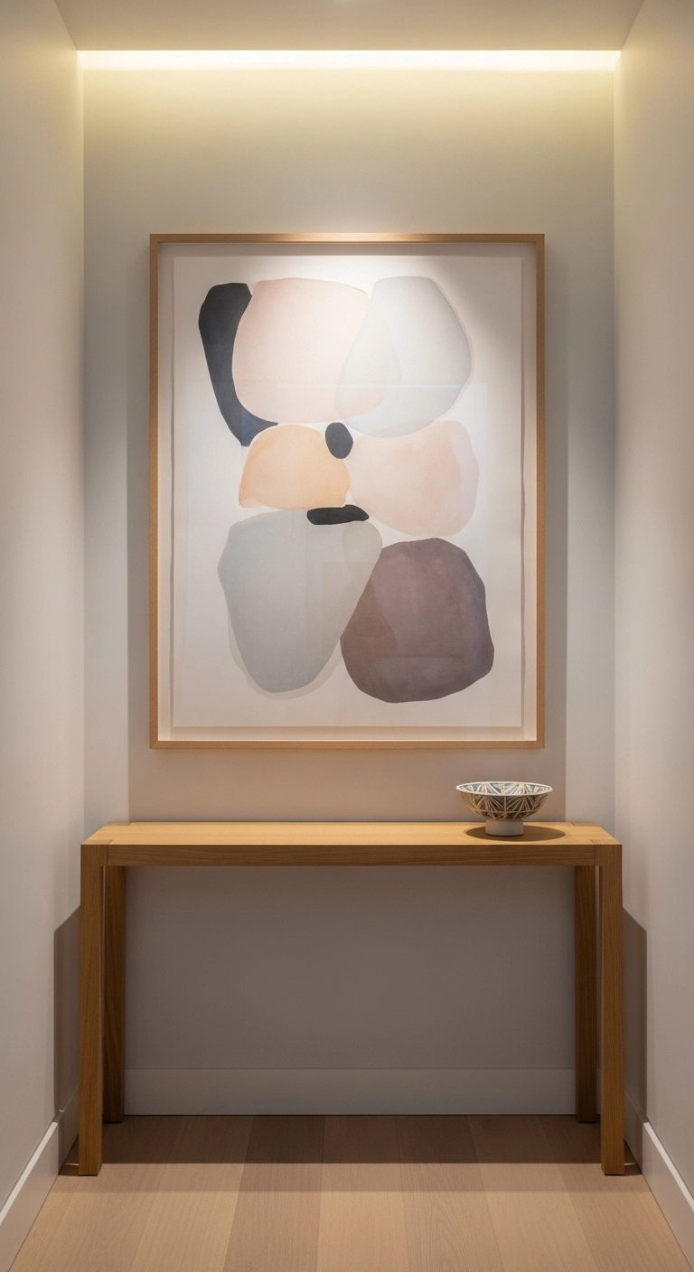 Tiny hallway ideas with oversized wall art in a compact hallway