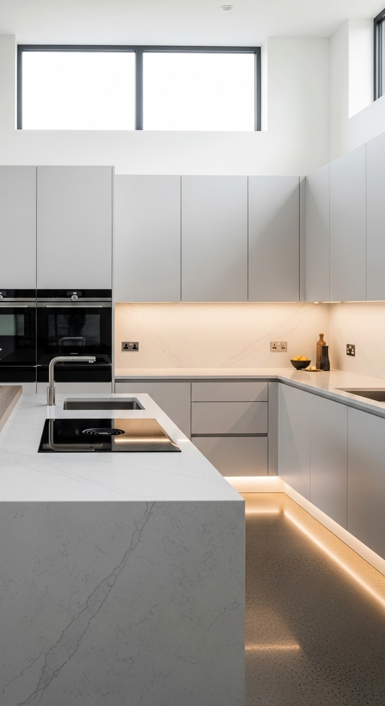 Minimalist kitchen with handle-free kitchen cabinets ideas featuring sleek white cabinets and hidden opening grooves.
