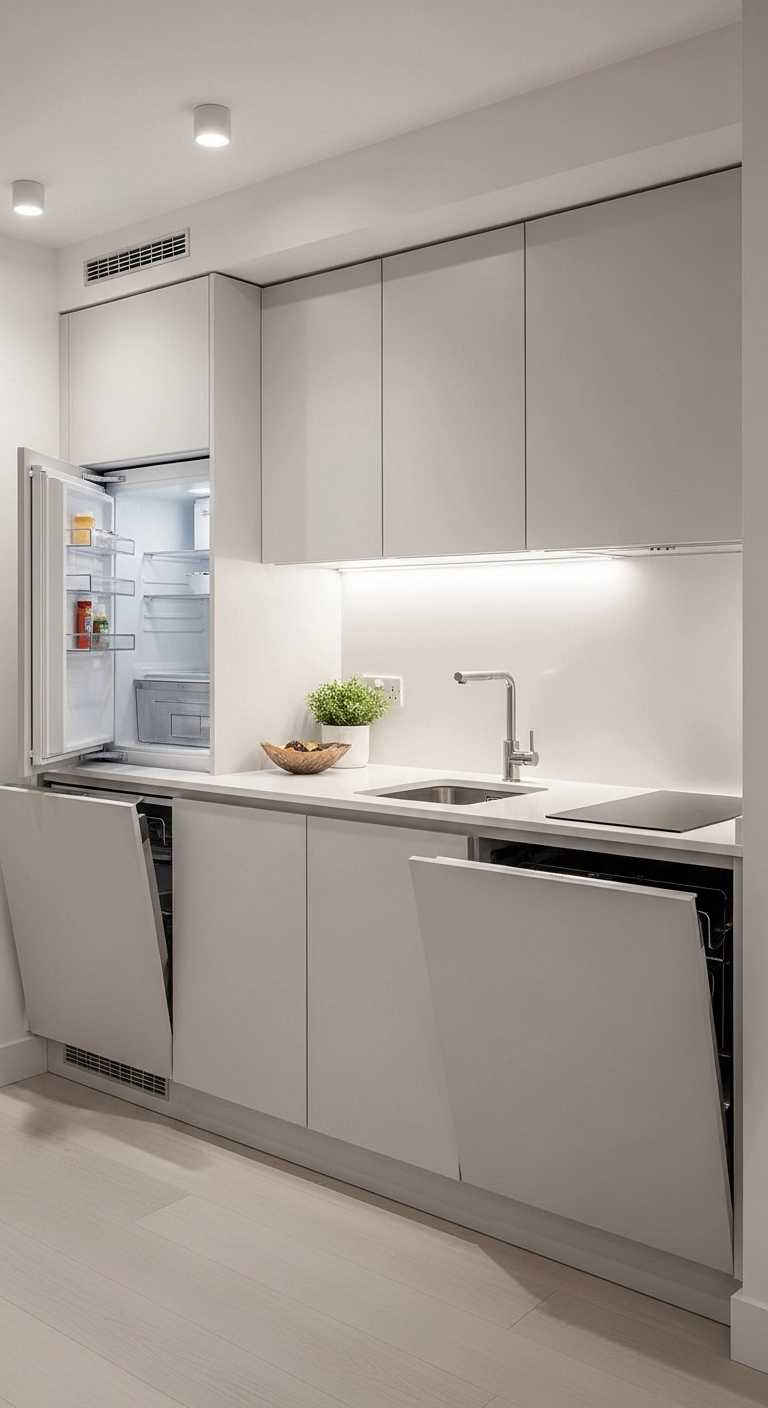 Small kitchen ideas with handleless cabinets for modern look.