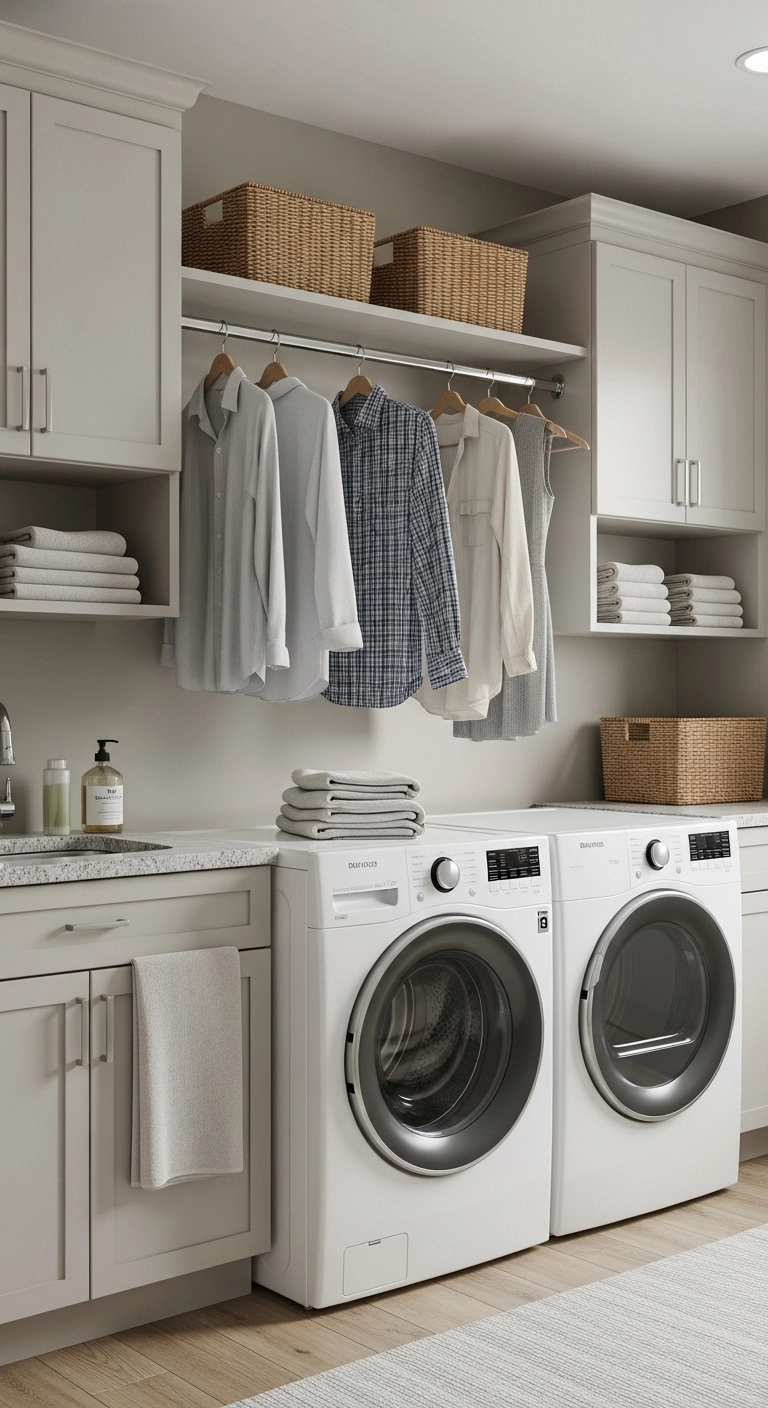 Laundry room ideas with a hanging rod above washer and dryer, neutral cabinets, and organized baskets