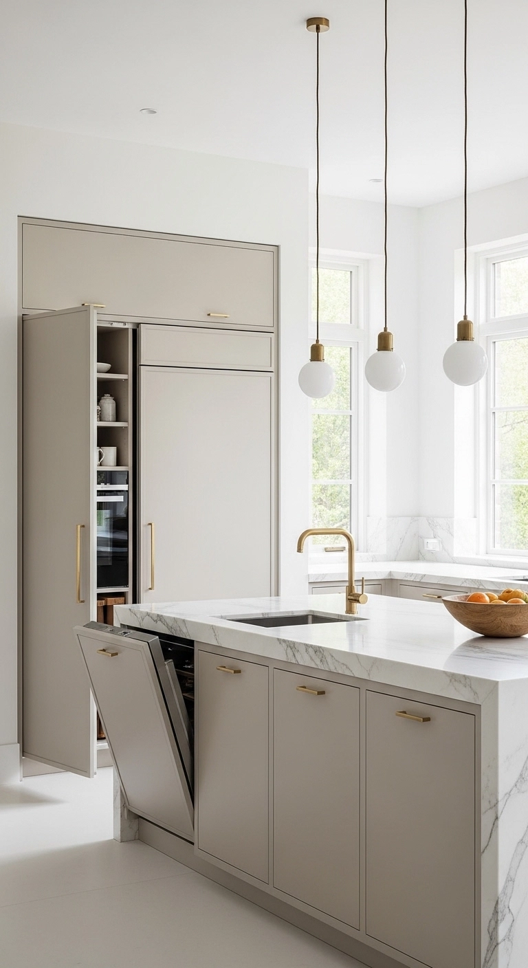 Luxury kitchen with hidden appliance kitchen cabinets ideas where refrigerator and dishwasher blend with cabinetry.