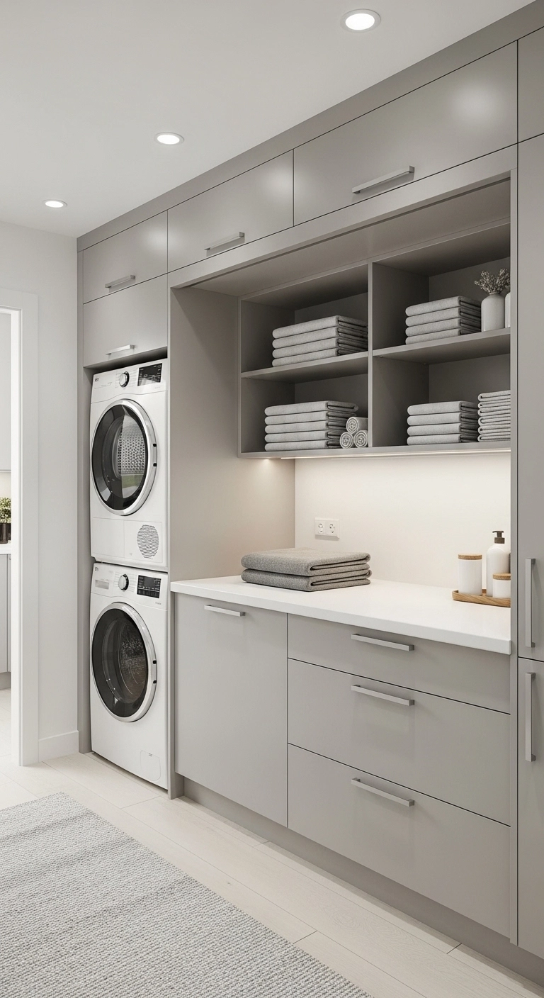Laundry room ideas with hidden washer and dryer behind sliding cabinet doors in a clean, modern setup
