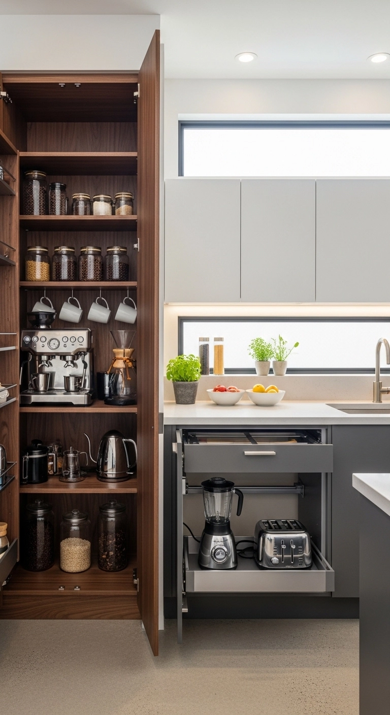 modern kitchen design with hidden pantry and appliance garage