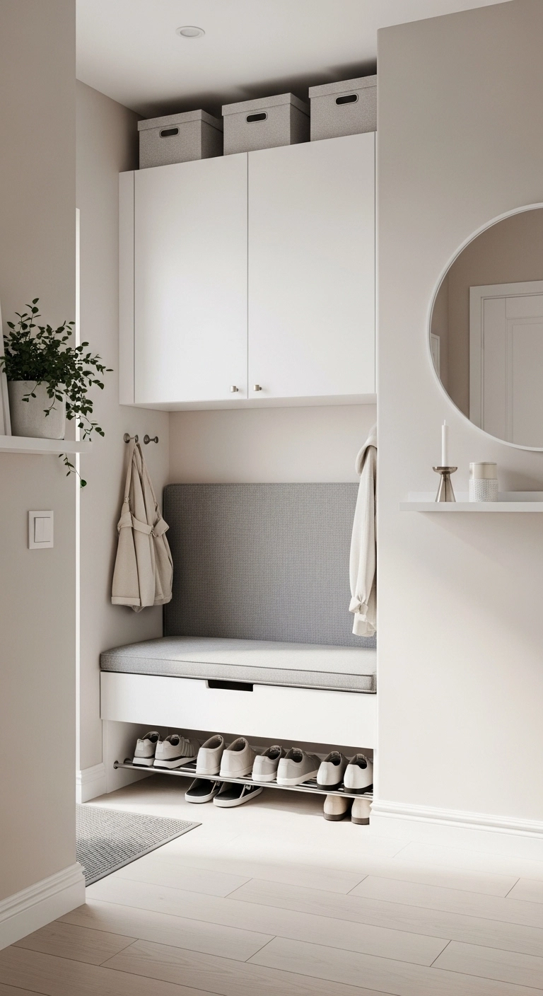Tiny hallway ideas with hidden storage bench and clutter-free styling
