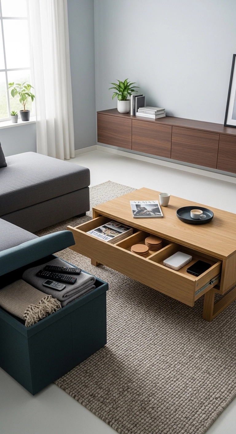 Interior design living room with storage ottoman and coffee table drawers for hidden storage.