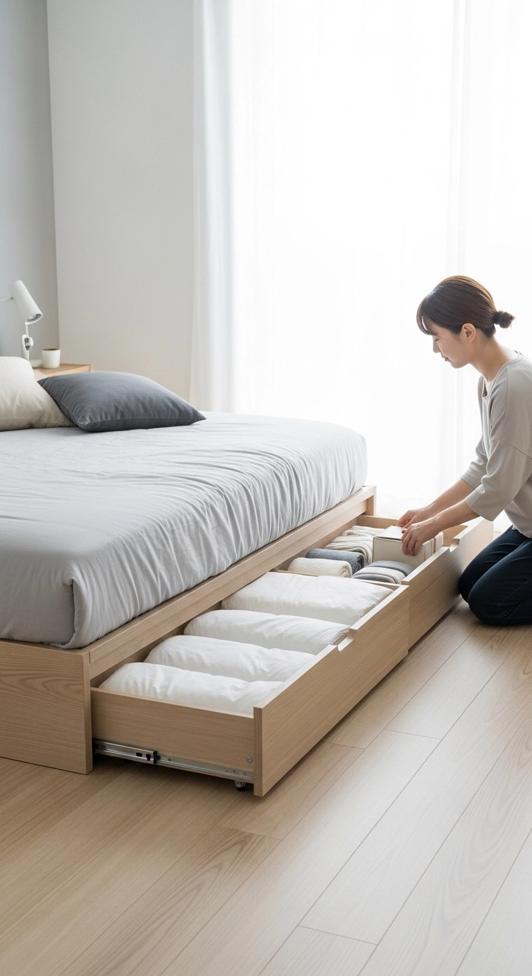 Minimalist bedroom with hidden under-bed storage drawers and neutral décor.