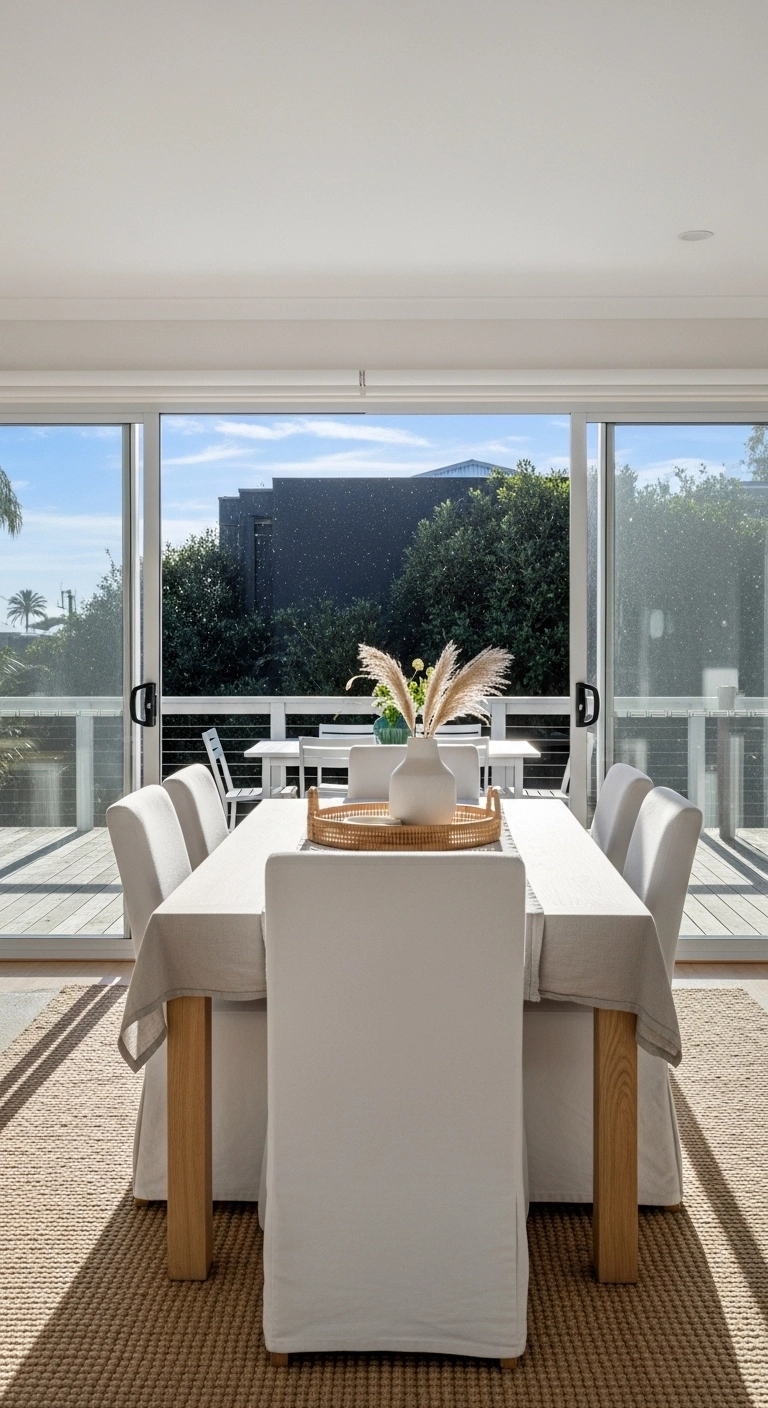 Beach house dining room with indoor-outdoor flow and light wood table.