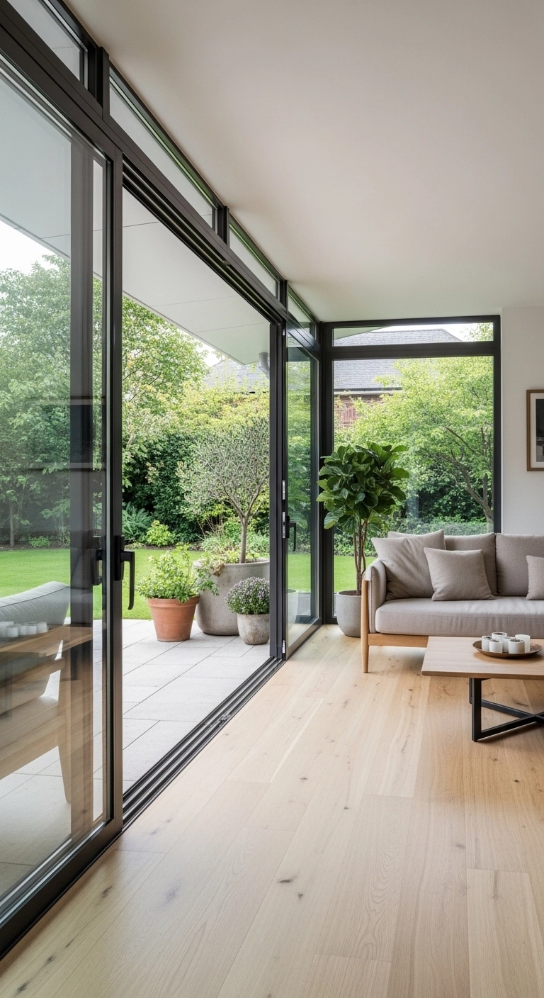 Modern indoor-outdoor seamless sun room ideas with floor-to-ceiling glass walls and matching patio flooring