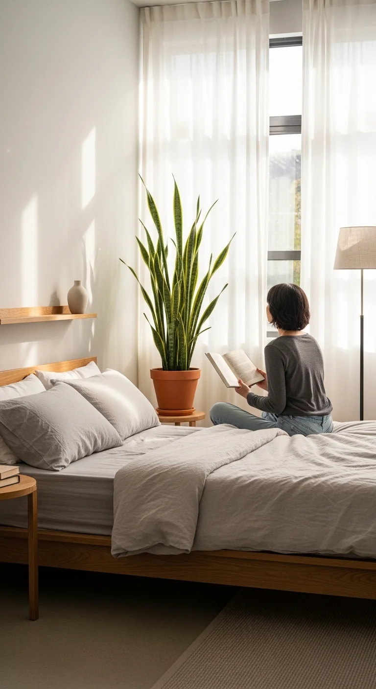 Minimalist bedroom with indoor plant and neutral décor.