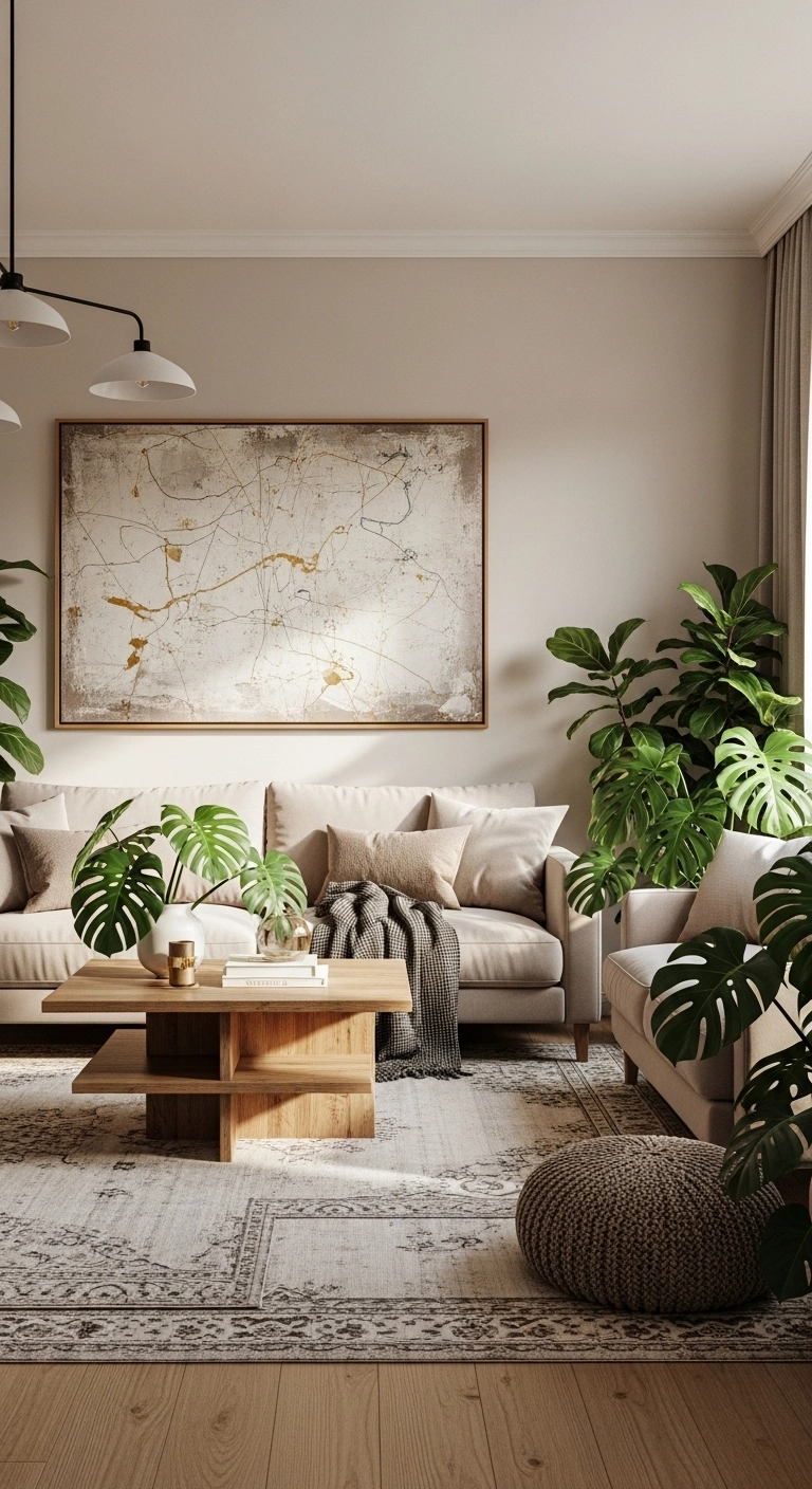 Aesthetic living room decorated with indoor plants and neutral furniture.