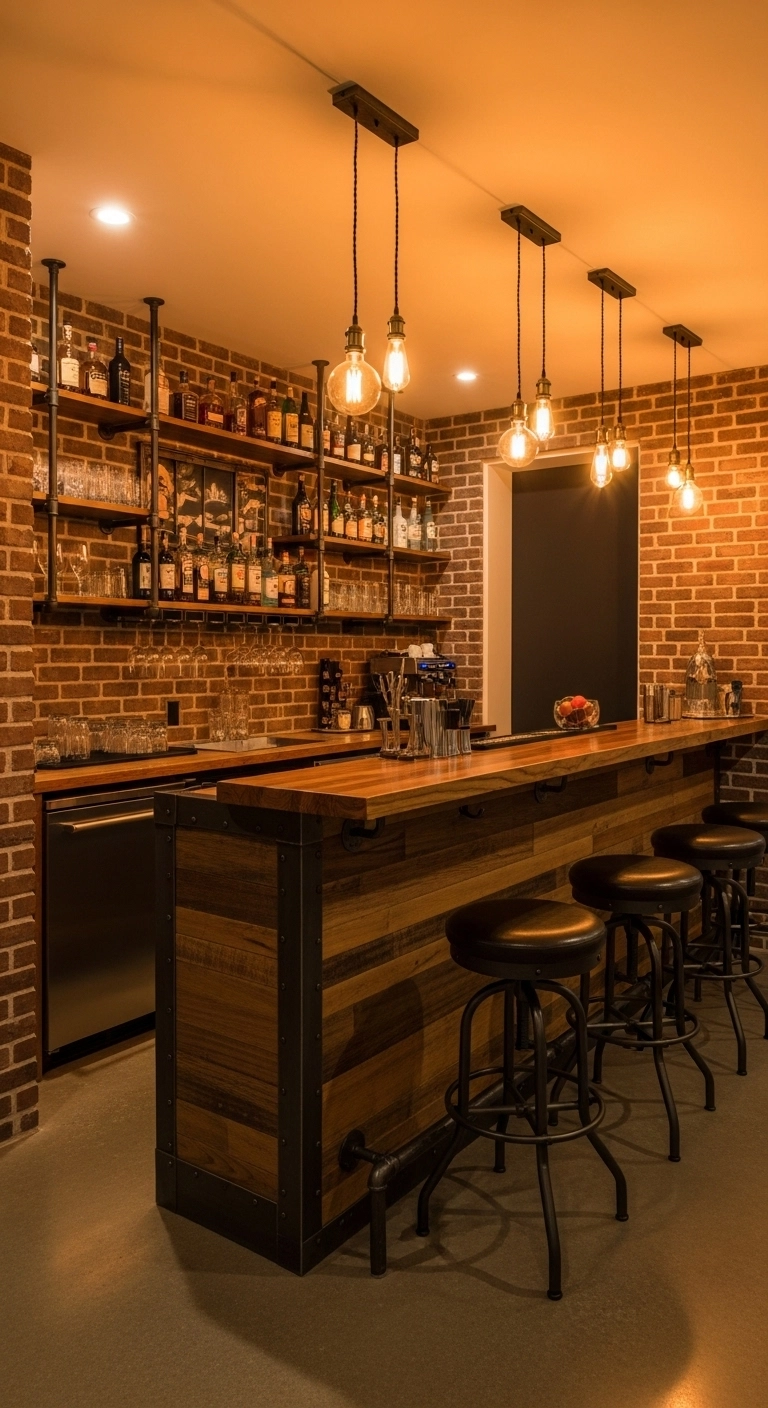 Cozy basement bar with polished wooden counter, under-counter LED lighting, and leather-cushioned bar stools showcasing classic modern style