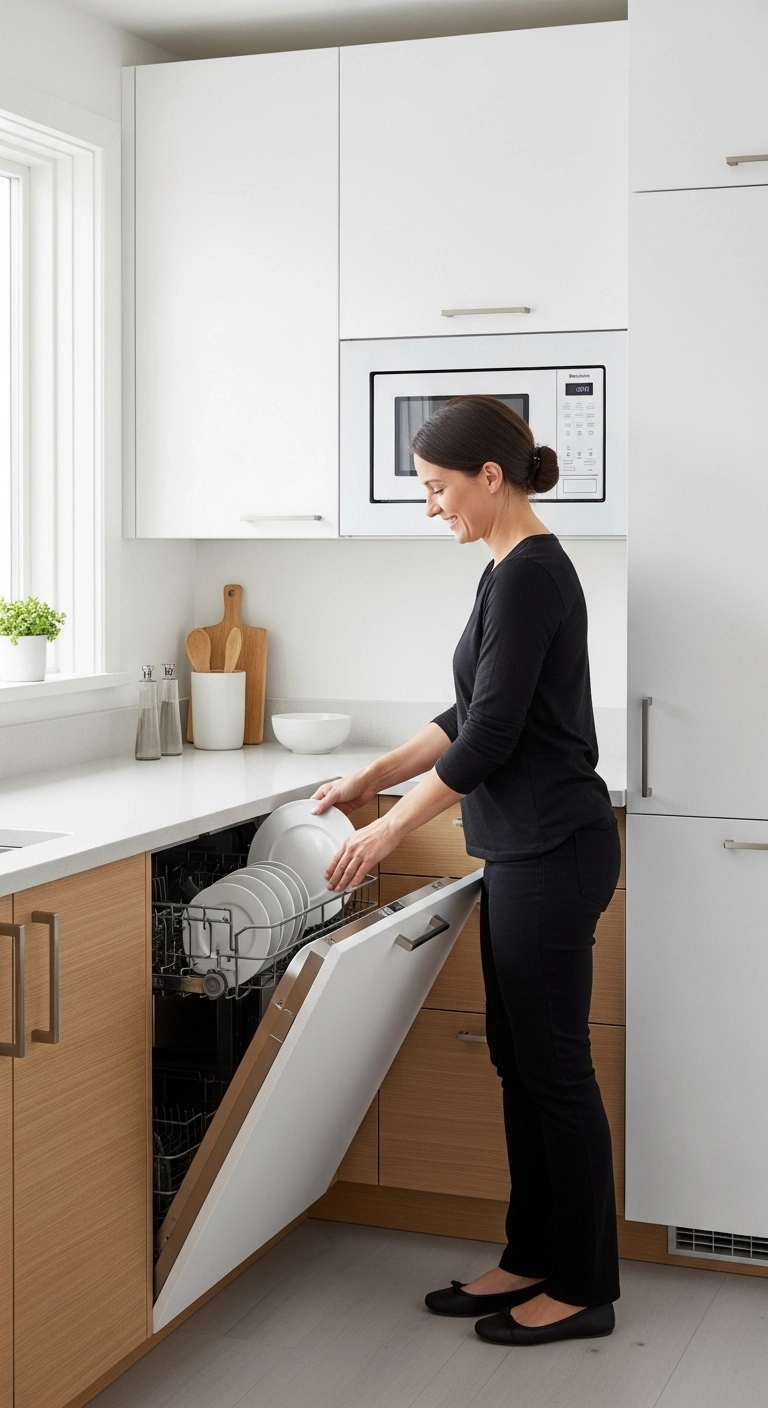 Tiny kitchen ideas using integrated appliances hidden within cabinetry.