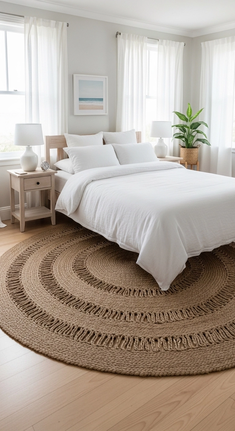 Beach bedroom ideas with jute rug and natural textures in a coastal bedroom