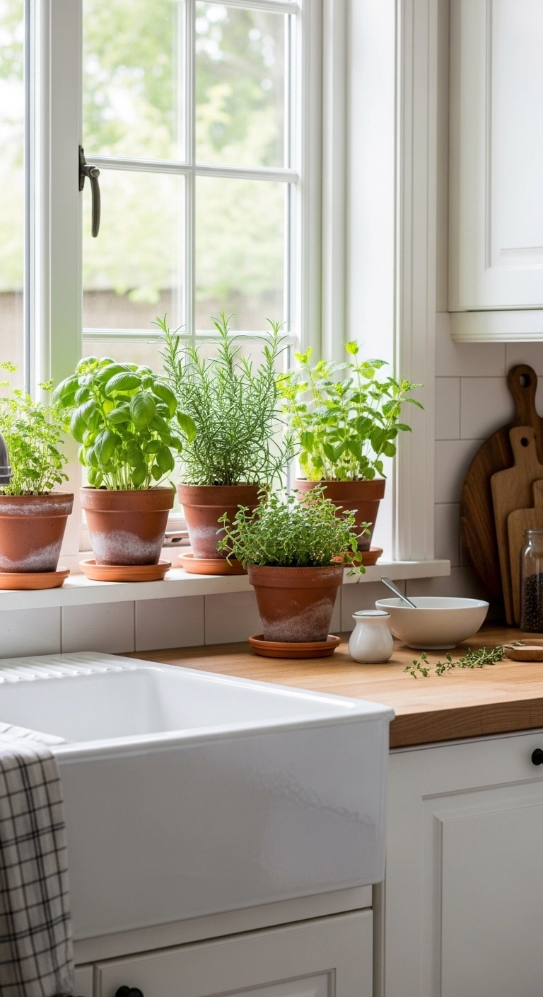 Fresh herbs growing on a farmhouse kitchen windowsill representing natural farmhouse kitchen ideas.