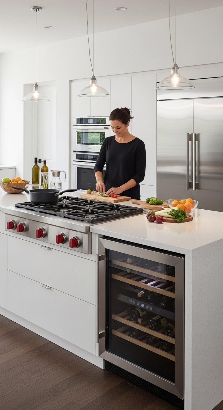 Kitchen island with built-in cooktop and wine fridge showcasing innovative kitchen island ideas.