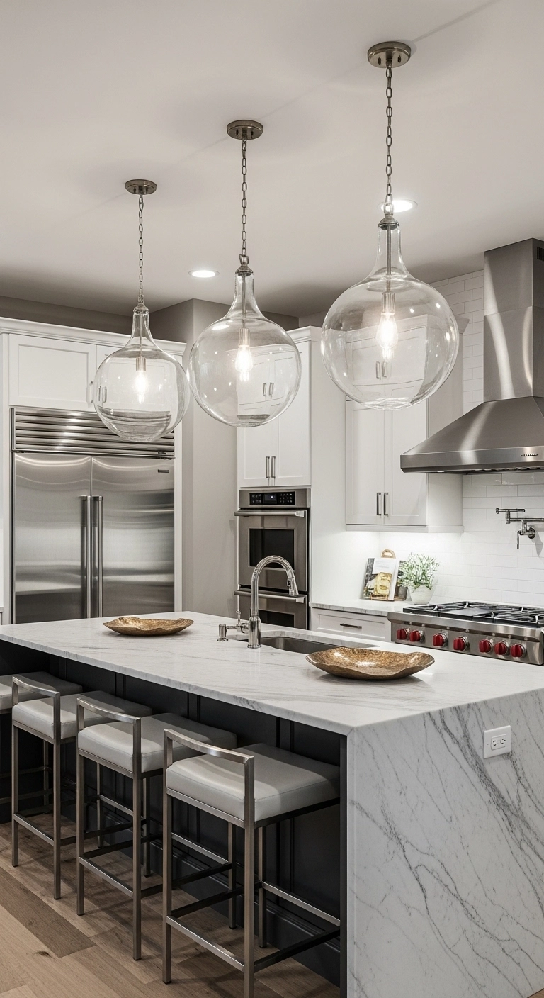 Kitchen island with large pendant lights creating dramatic kitchen island ideas.