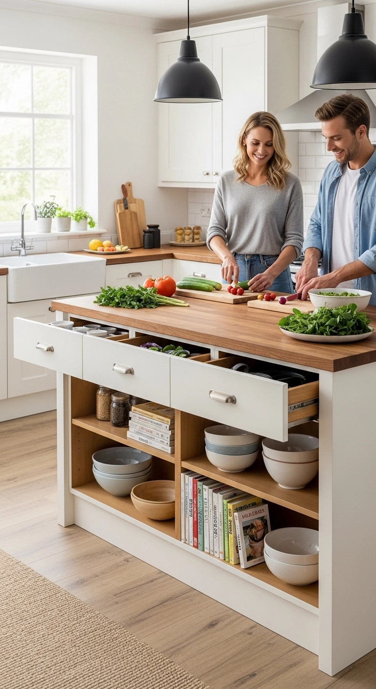 Kitchen island with drawers and open shelves providing smart storage solutions for kitchen island ideas.