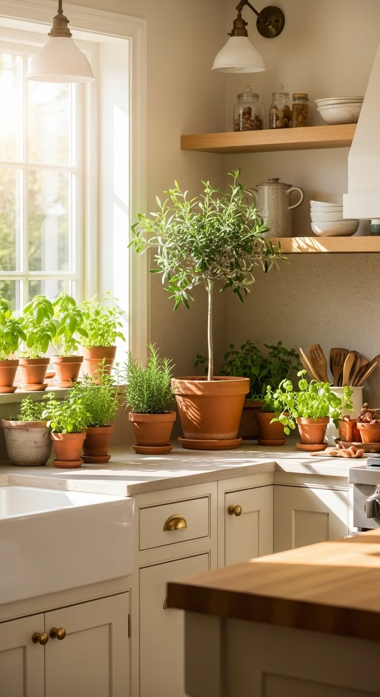 Neutral kitchen with herbs on windowsill and small potted plants illustrating warm neutral kitchen ideas with natural greenery.