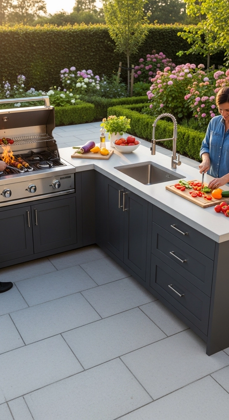L-shaped backyard cooking station highlighting functional outdoor kitchen ideas.