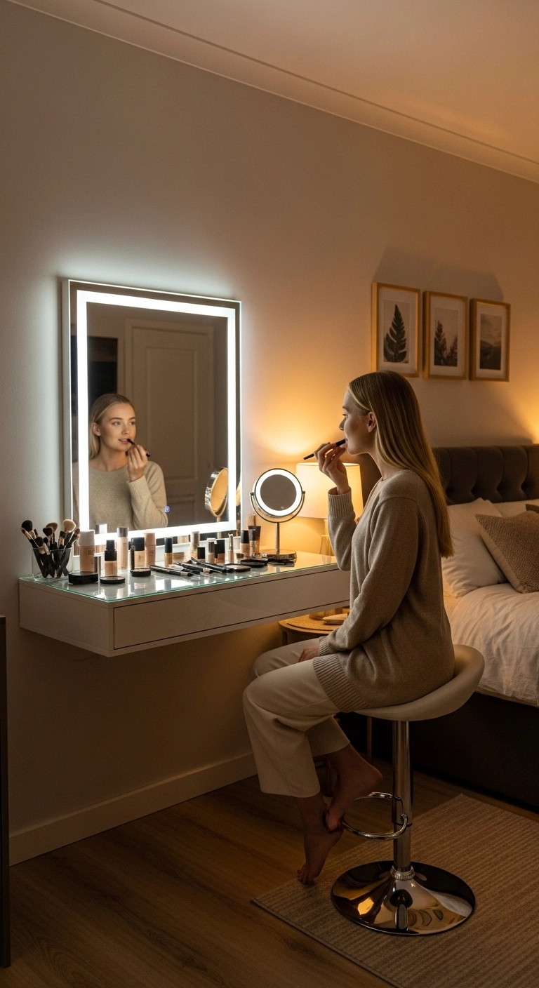 Bedroom vanity ideas with LED mirror glam station and modern lighting setup in a stylish bedroom